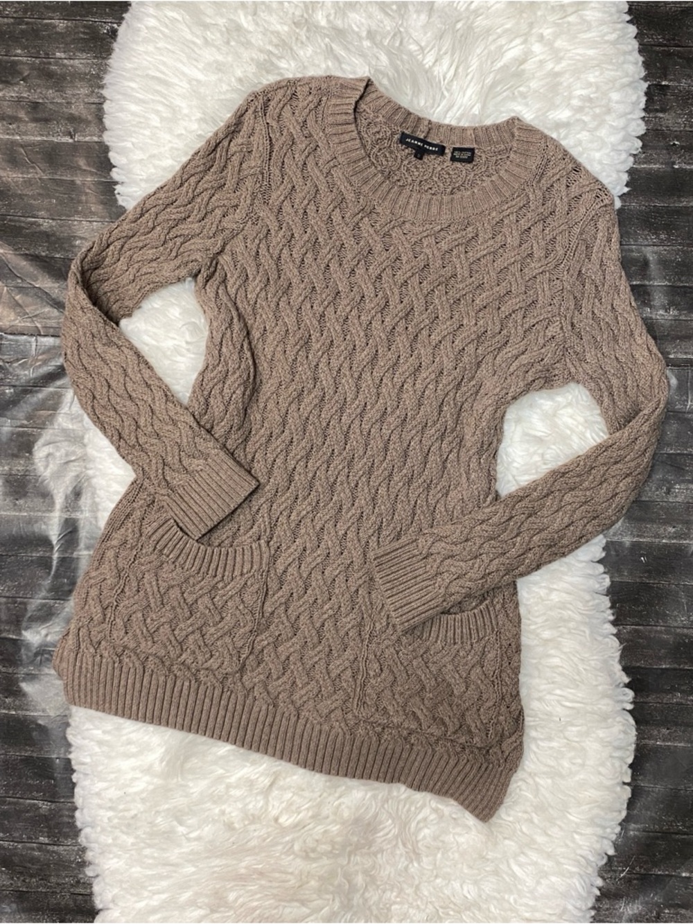 JEANNE PIERRE BROWN KNIT BASKETWEAVE SWEATER TUNIC POCKETS COQUETTE WHIMSICAL